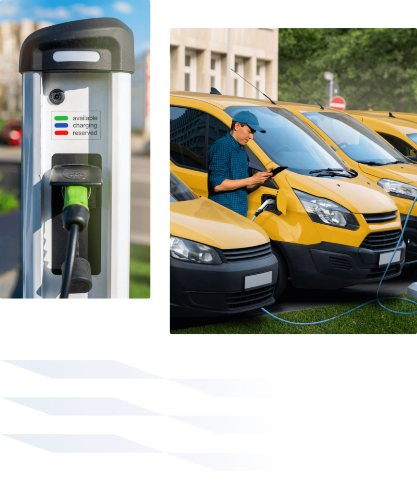 collage electric vehicle fleet and charger closup