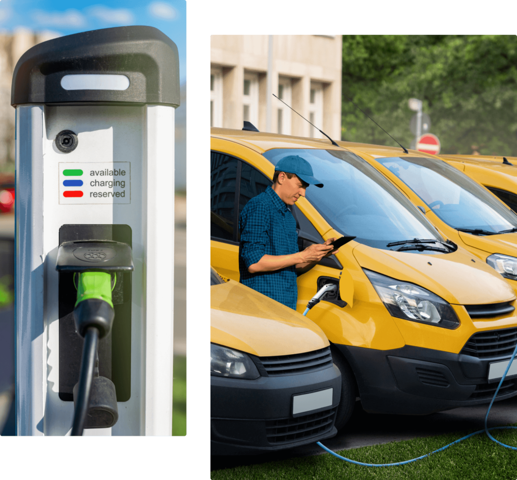 collage person charging corporate ev fleet charger closeup