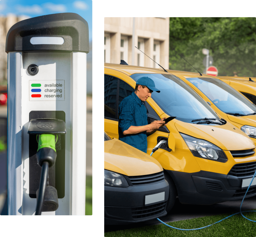 collage person charging corporate ev fleet charger closeup